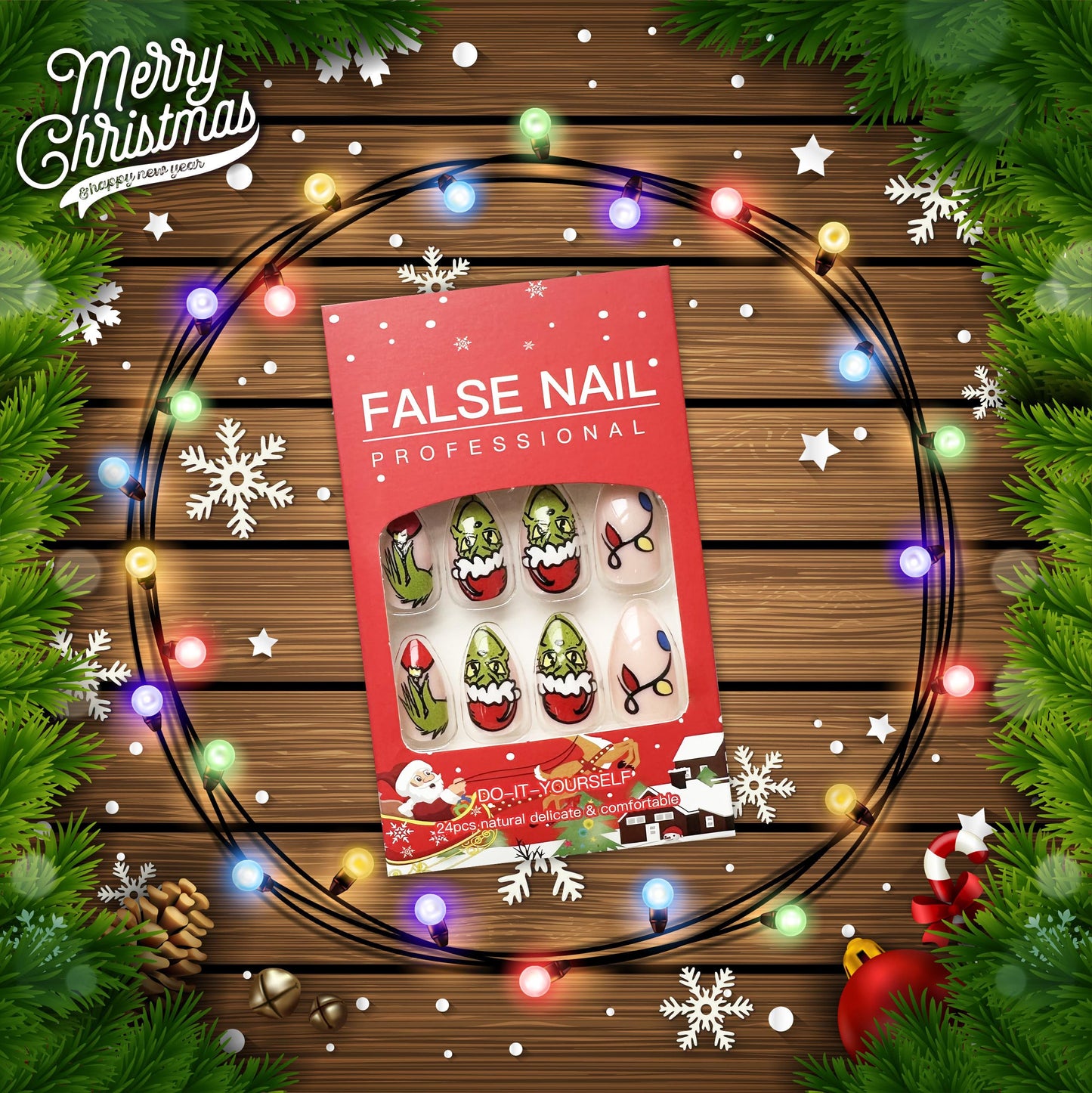 Christmas Press on Nails Short Almond Shaped Fake Nails with Green Monster Designs Full Cover Acrylic Nails Winter False Nails with Designs Cute Xmas Gloss Artificial Nails Nail Decorations for Women