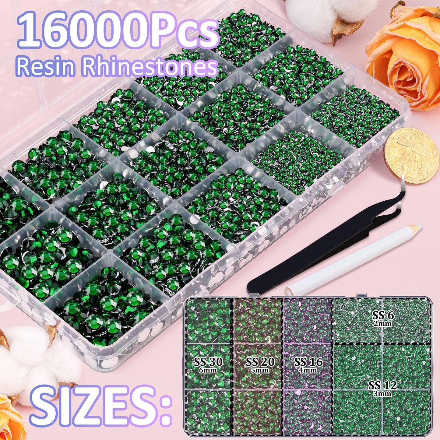 16000Pcs Resin Rhinestones for Crafting, Emerald Green Non Hotfix Flatback Gems, Bedazzling Crystal with 3Pcs 10ml B7000 Jewelry Glue for DIY Crafts Clothing Tumblers Shoes Fabric Nail Art