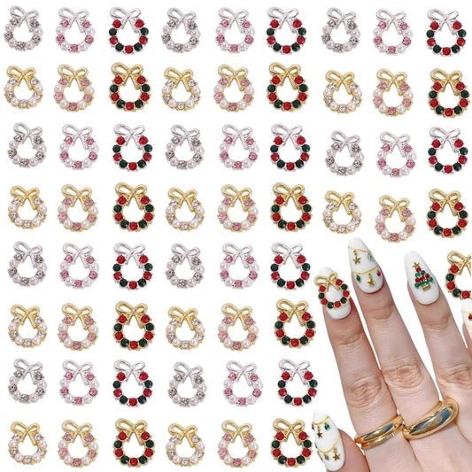 72Pcs Silver Gold Wreath Nail Charms 3D Christmas Pearl Garland Nail Rhinestones Xmas Winter Alloy Wreath Xmas Winter Nail Gems Colorful Wreath Nails Supplies for DIY Manicure Nail Decor Accessories