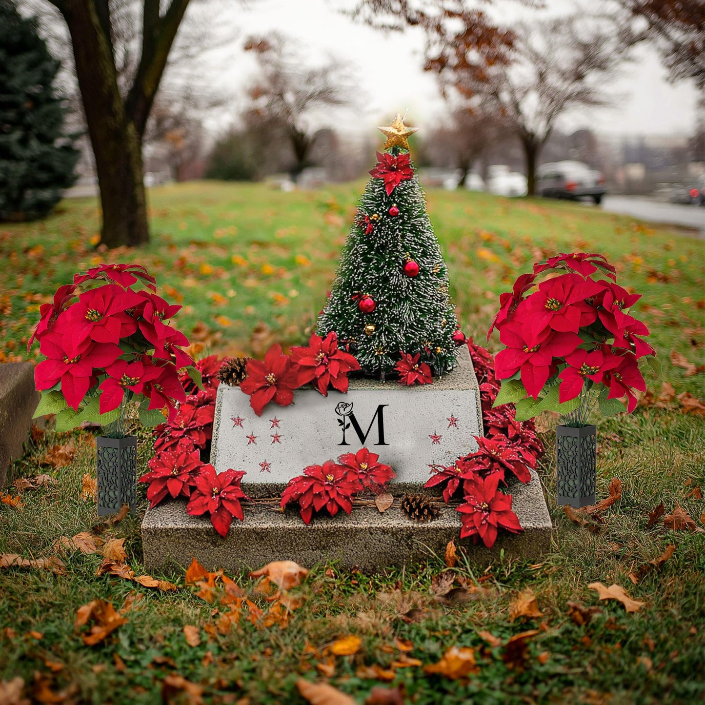 Memobloom Christmas Cemetery Flowers for Grave: 2 Pcs Artificial Red Poinsettias Bouquets for Cemetery Decorations