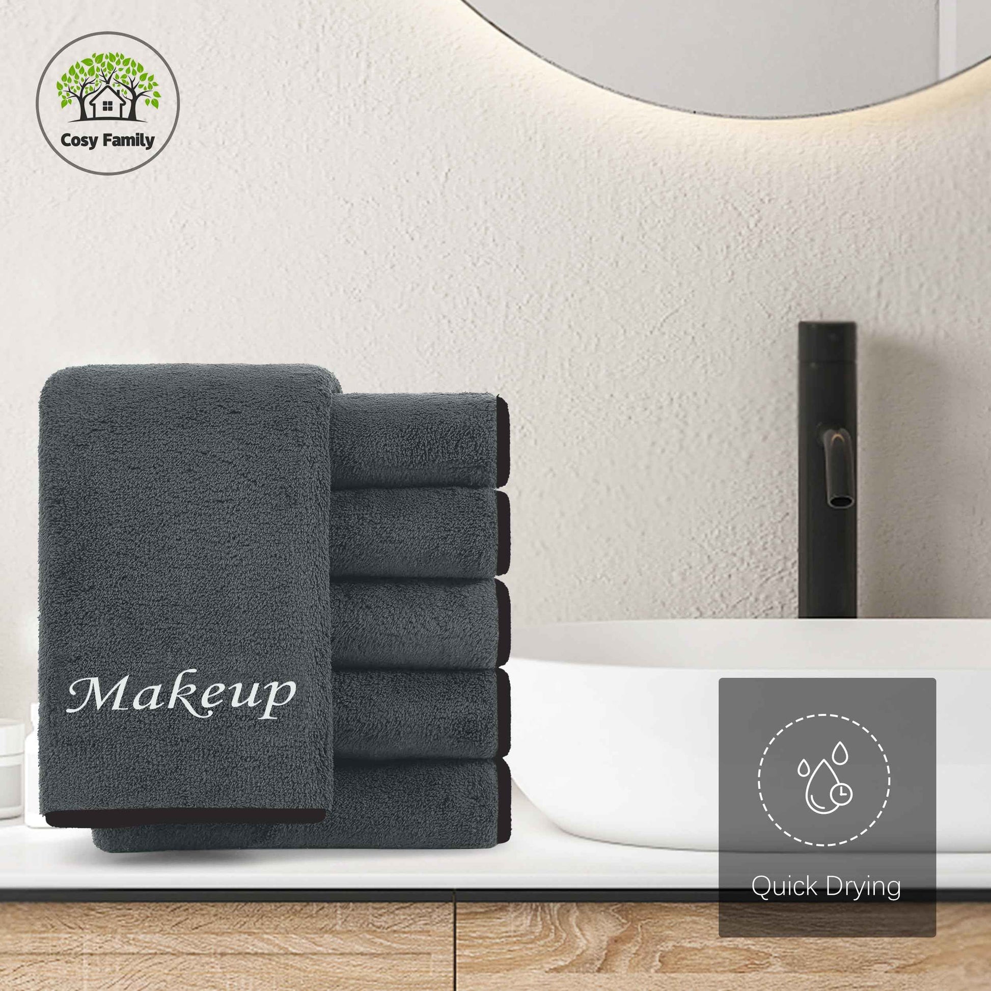 Cosy Family 10 Pack Makeup Remover Wash Cloths - Soft Microfiber Fingertip Facial Cleansing Cloths for Hand and Make Up, 12 x 12 in, Black Grey