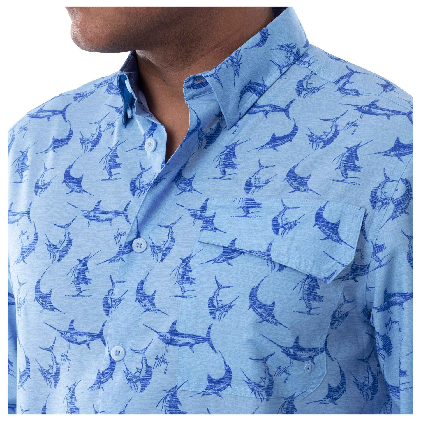 Guy Harvey Men's Long Sleeve Performance Fishing Shirt, Powder Blue, Large