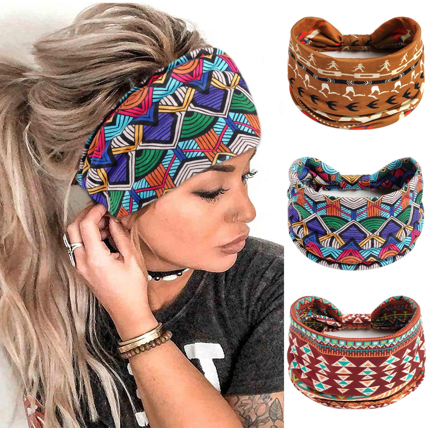 FULZTEY Wide African Headbands for Women Boho Knotted Head Bands Elastic Thick Headwraps Turban Fashion Fabric Bandanas Non Slip Yoga Sports Workout Hairbands for Women's Hair Accessories 3Pcs