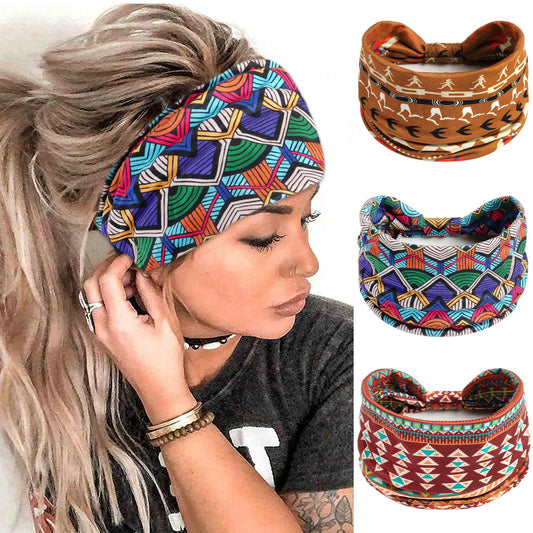 FULZTEY Wide African Headbands for Women Boho Knotted Head Bands Elastic Thick Headwraps Turban Fashion Fabric Bandanas Non Slip Yoga Sports Workout Hairbands for Women's Hair Accessories 3Pcs