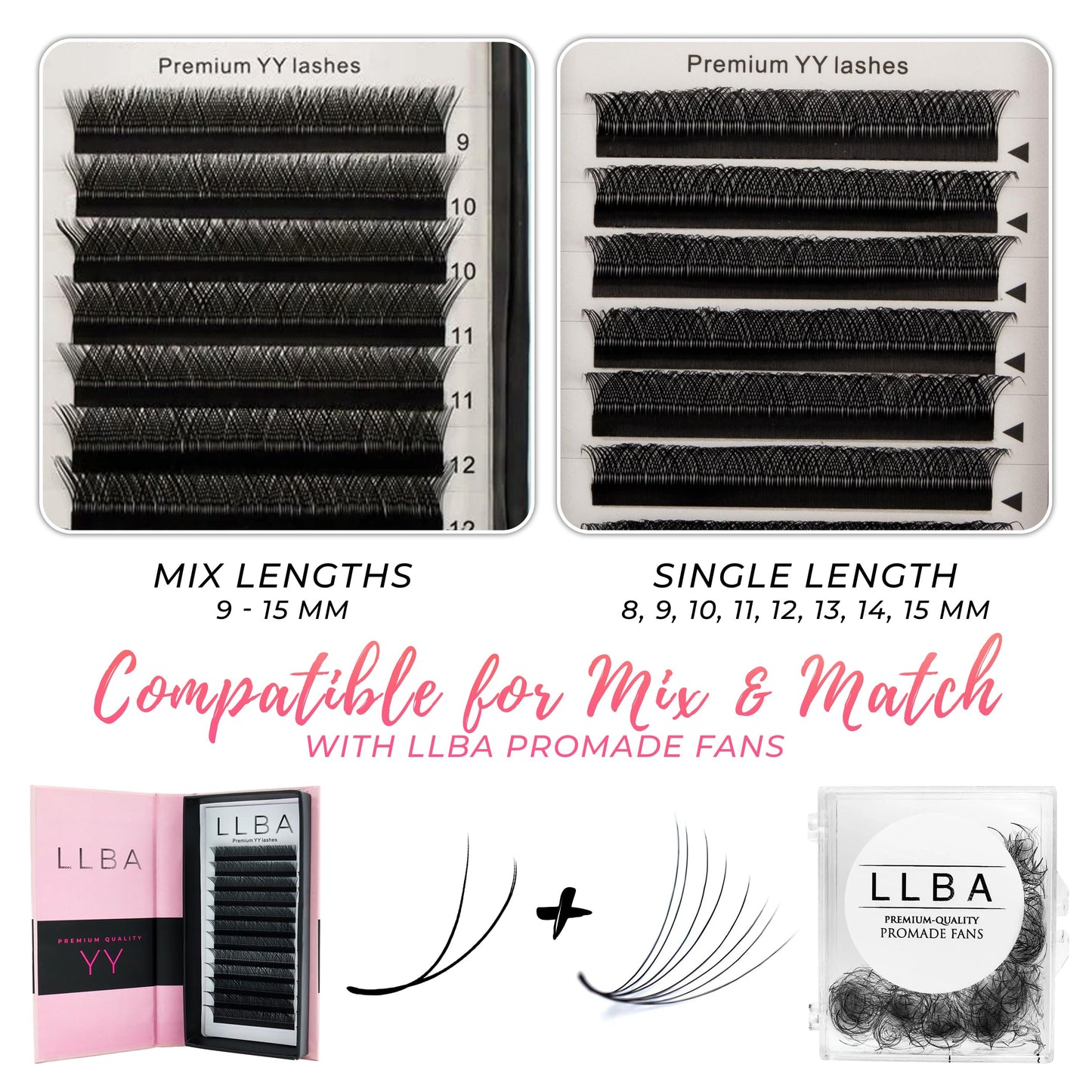 LLBA YY Eyelashes Extensions - 2D Fans Volume Eyelashes | C CC D Curl | Thickness 0.05~0.07mm | 8-15mm Mixed Tray | Full Fluffy Volume Look | Long Lasting & Easy Application (YY, 0.05 C 9mm - 15mm)