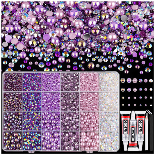 9000PCS Flatback Pearls and Rhinestones for Crafting, Purple 3-10mm Resin Rhinestones and Half Pearls for Bedazzling, Nail Art and Dec with 3pcs B7000 Jewelry Glue, Tweezer and Pickup Pencil