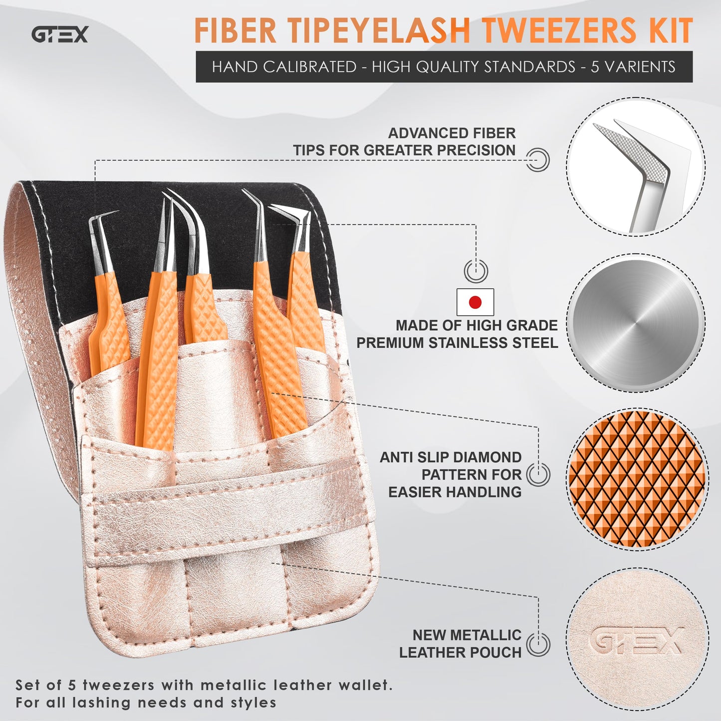GTEX Fiber Tip Lash Tweezers For Eyelash Extension Tweezers Set of 5, Professional Eyelash Tweezers For Lash Extensions - 90 45 Degree Curved Volume Lash Tweezer Orange