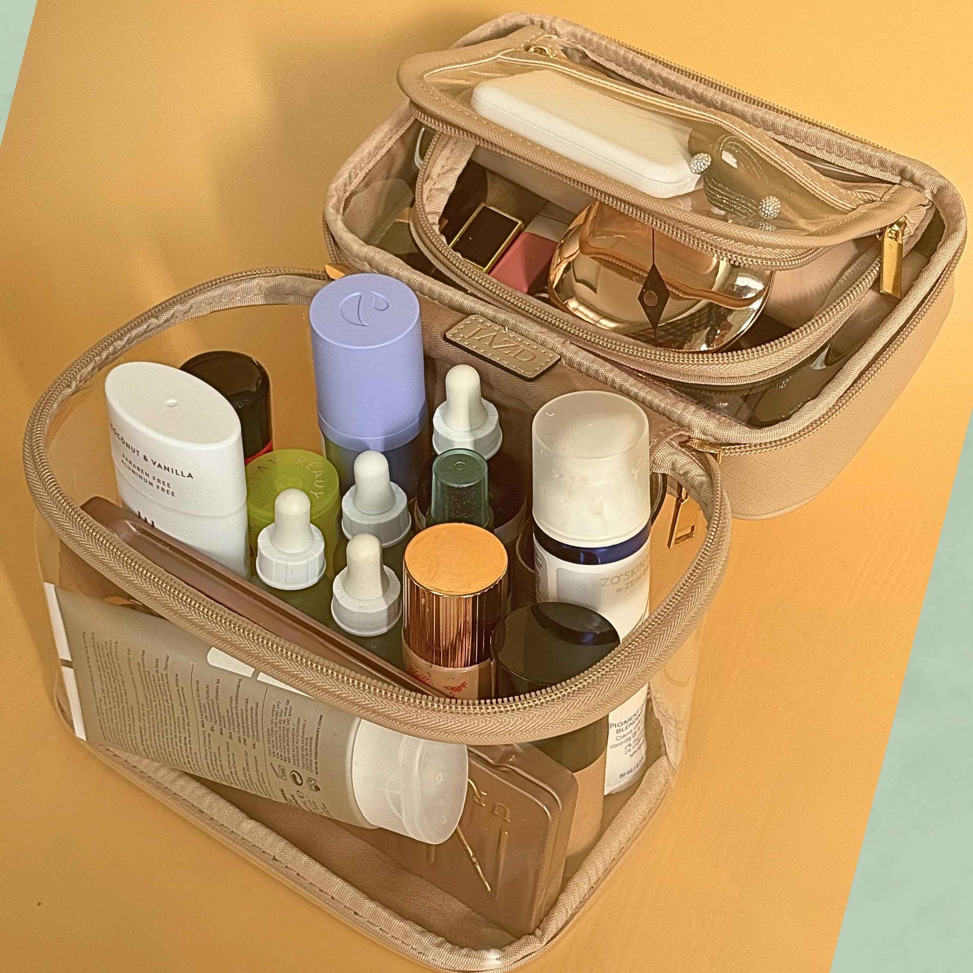 JAZD Clear Makeup Bag Toiletry Bag for Women Cosmetic Large Capacity Travel Make Up Bag Organizer Transparent Train Case TSA Approved (BEIGE)