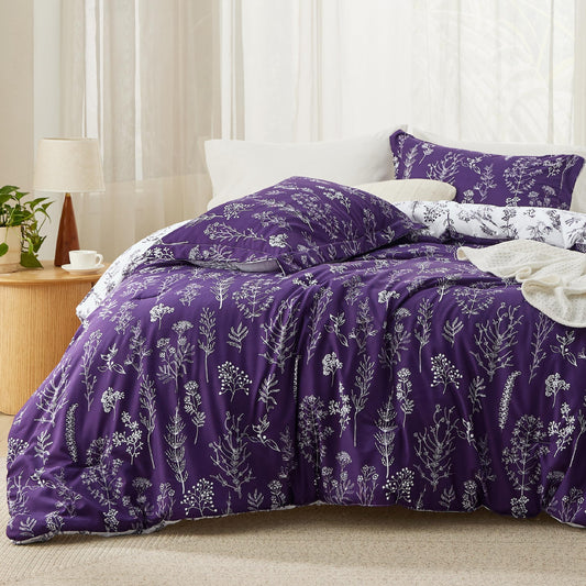 Bedsure Twin/Twin XL Comforter Set Dorm Bedding - Dark Purple Comforter, Floral Twin/Twin Extra Long Bedding Comforter Set, 2 Pieces, 1 Reversible Botanical Flowers Comforter and 1 Pillow Sham