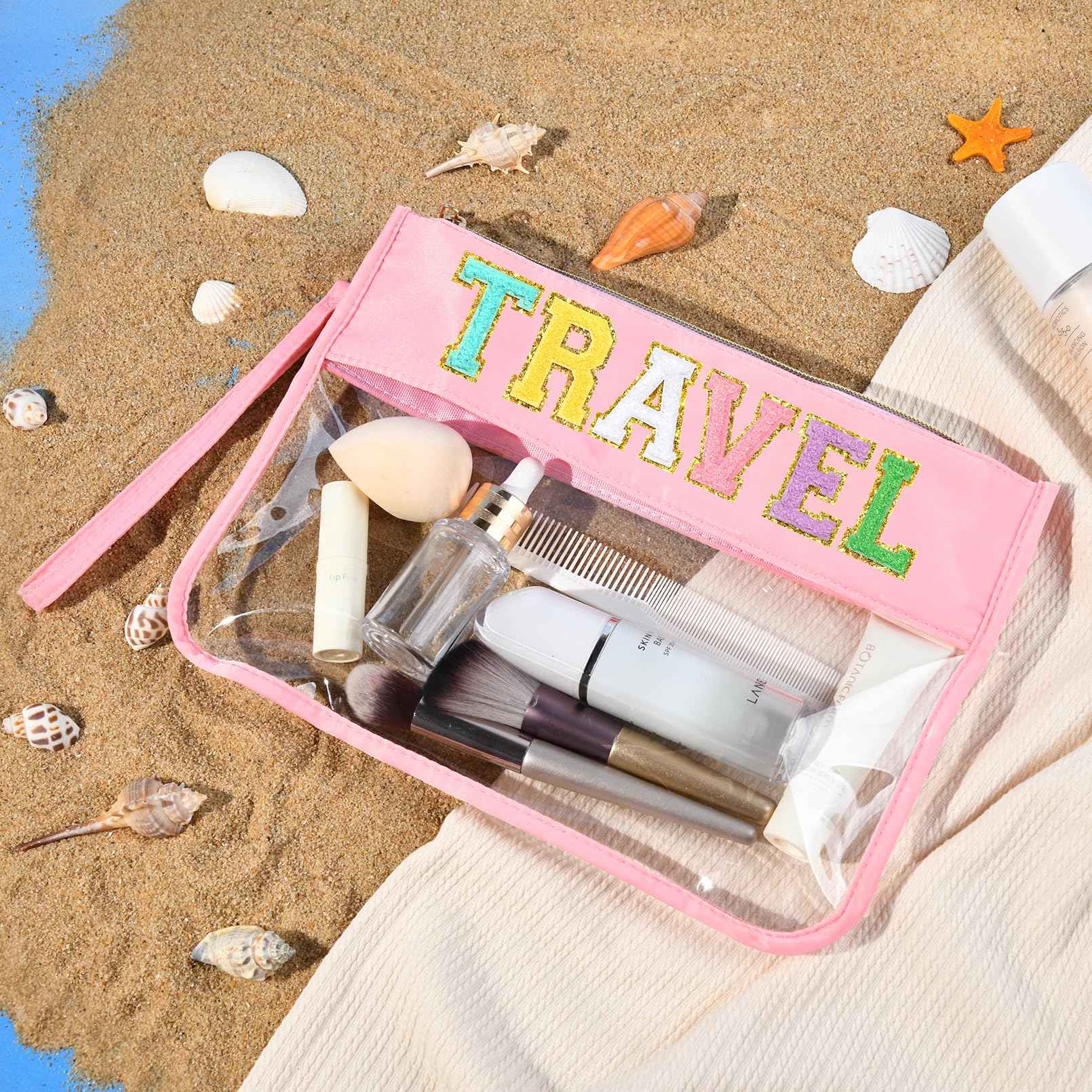 SOIDRAM Travel Makeup Bag Chenille Letter Patch Large Waterproof PVC Toiletry Bag Preppy Nylon Cosmetic Organizer for Women and Girls