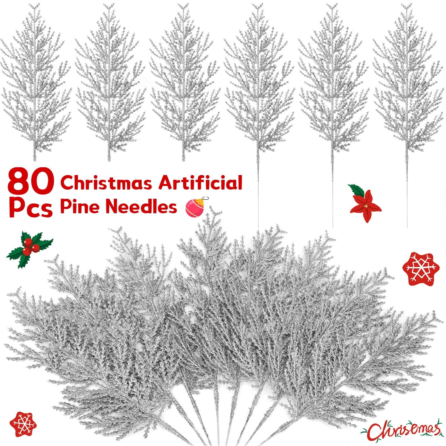 Sinmoe 80 Pcs Christmas Large Artificial Pine Needles Glitter Artificial Pine Branches 14'' Artificial Greenery Stems Decorative Faux Tree Branches for Xmas Wreath Home Party Decor(Silver)