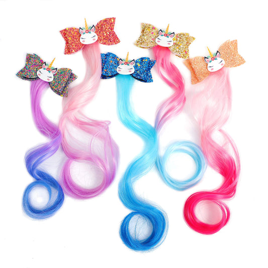 5-Colors Unicorn Hair Clips Hair Accessories For Girls Glitter Hair Bows Braided Curly Wig Hair Extension For Kids Princess Dress Up（5PCS)