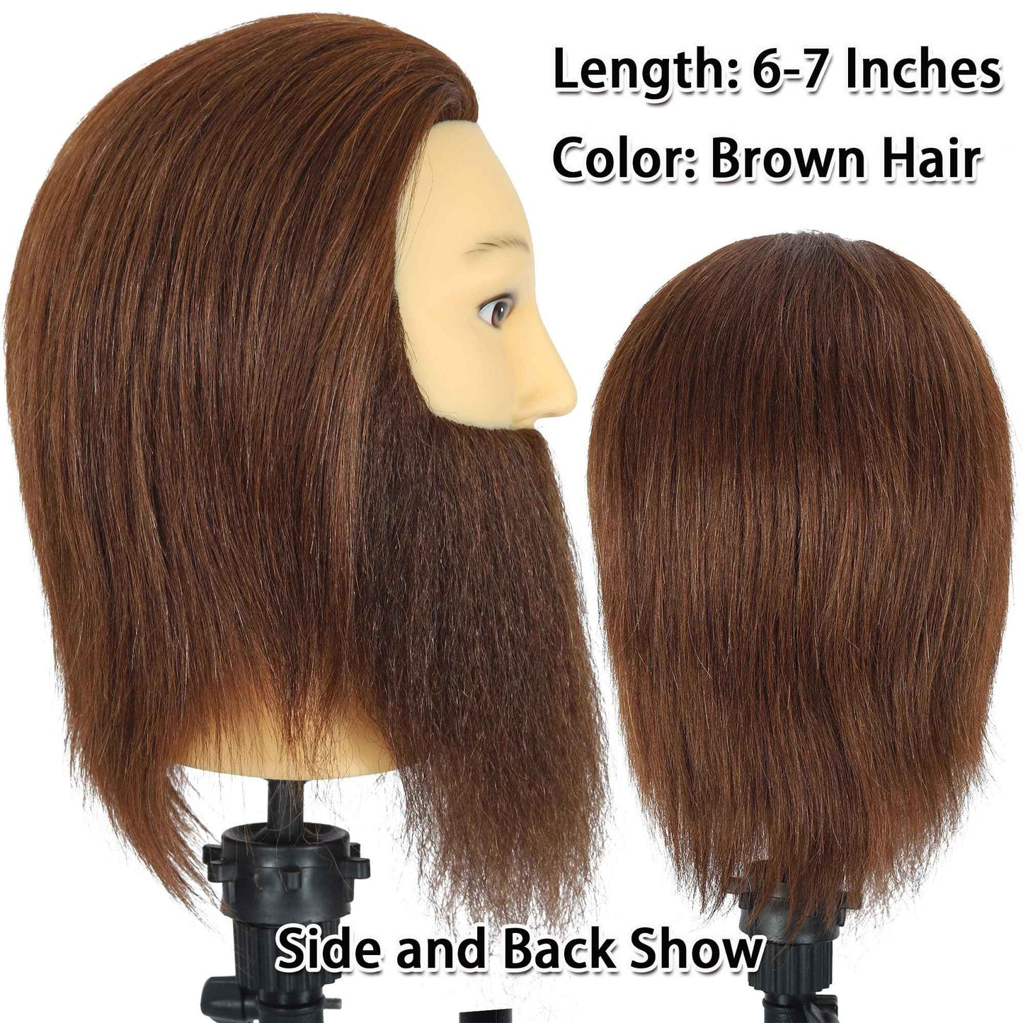 TKIMHEQ Male Mannequin Head with Beard 100% Human Hair Haircut Training Head for Cosmetology Straight Thick Hair Manikin Head Doll Head with Stand Practice Cutting Styling (6 Inches Beard Brown#)