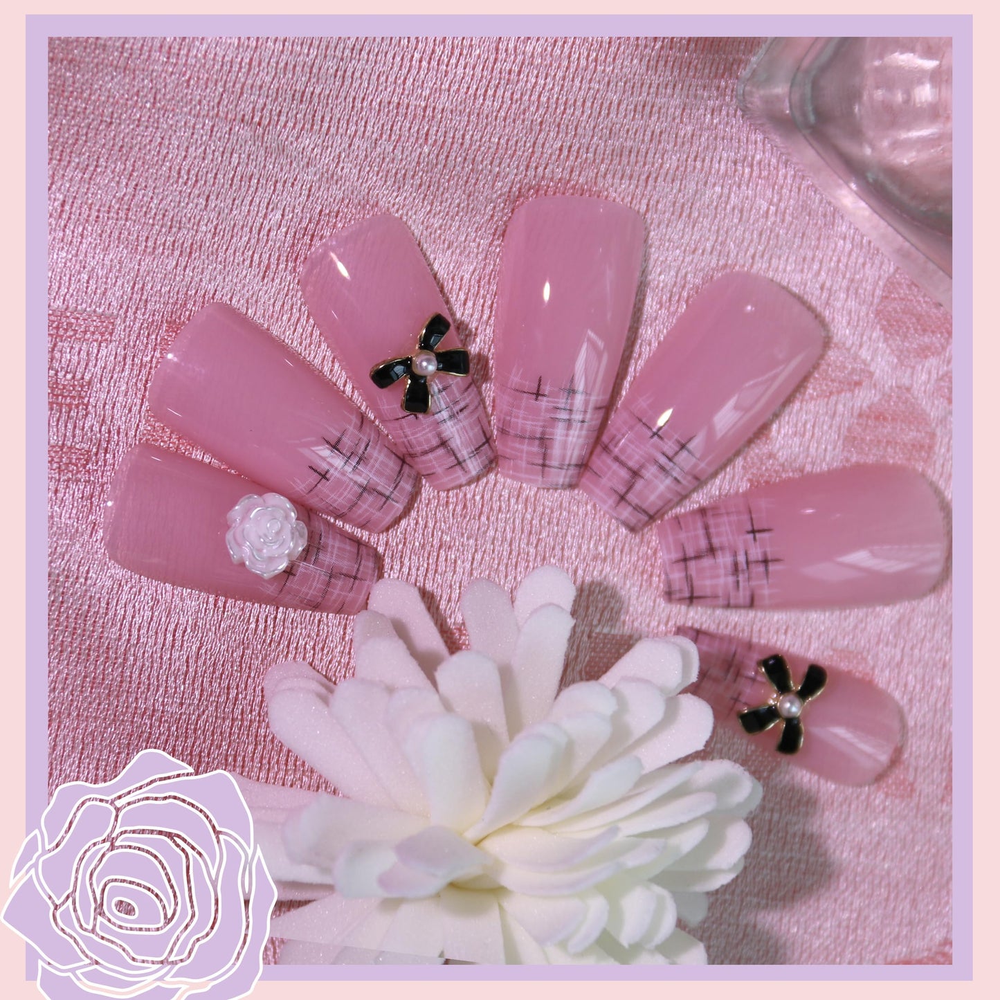 Black Bowknot Press on Nails Kit Floral French Tip Nails Pearl CC Press Ons Medium Pink Fake Nails Square