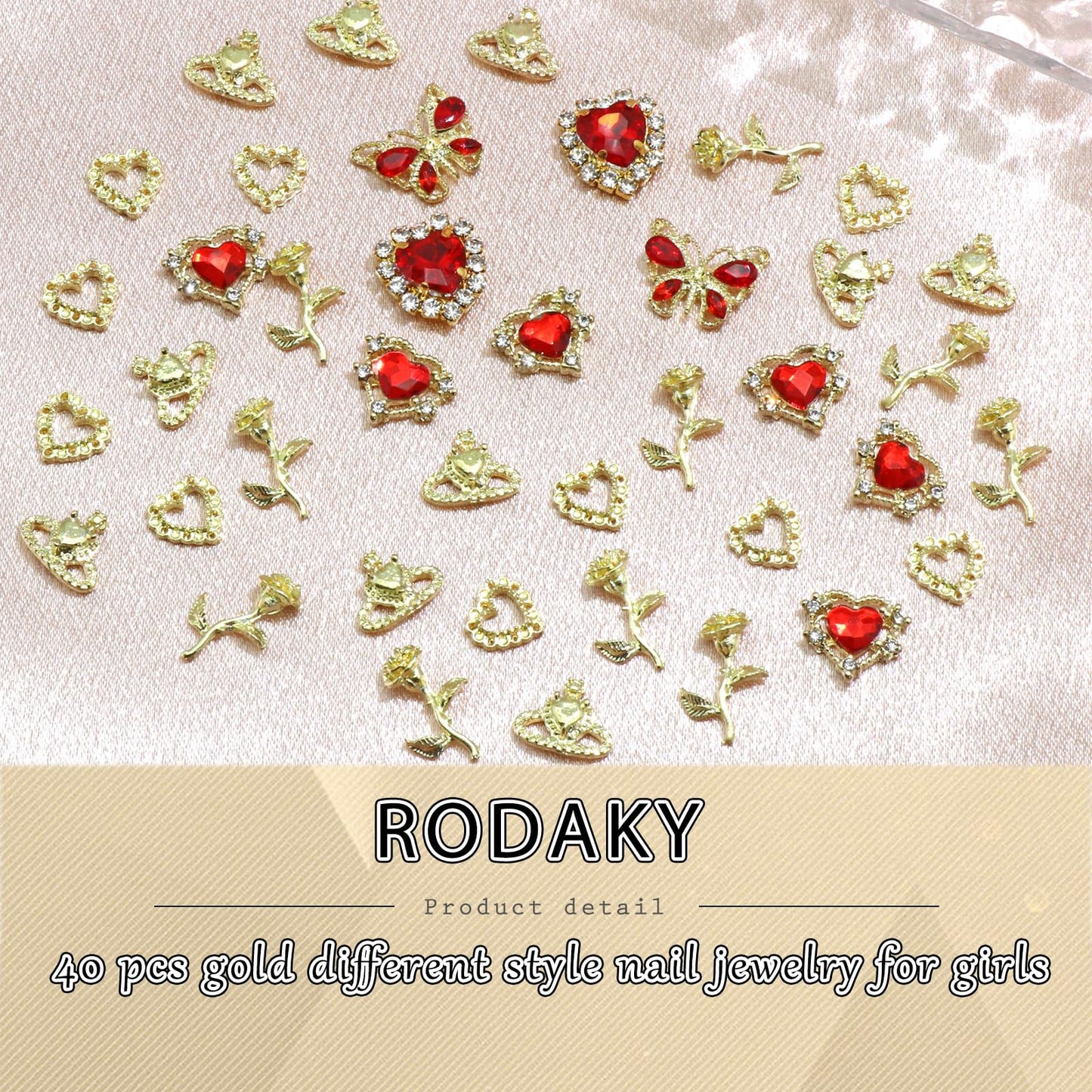 RODAKY 40PCS Valentine's Day Heart Charms for Acrylic Nails 3D Gold Butterfly Flower Nail Art Charms Gold Crown Charms for Manicure DIY Nail Gems for Nail Supplies Accessories for Women and Girls