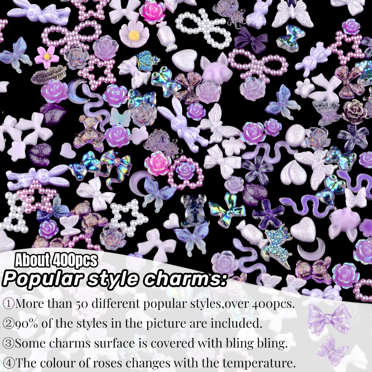 Umillars 400pcs Butterfly Bow Bear Snake Rabbit Moon Heart Rose Flowers Nail Art Charms with 450pcs Special Shape Flatback Rhinestones and Polymer Slices for Nail Art Designs (Purple)