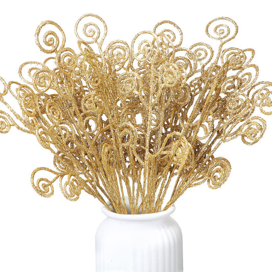 Ysleen 50 Pcs Glitter Christmas Tree Picks and Sprays Twigs Artificial Curly Stem Picks Ornaments 12 Inch Branches Sticks for Xmas Wreath Vase Fillers Gift Decoration(Gold)