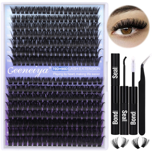 Geeneiya 70D+90D Lash Extension Kit Wispy Lash Clusters Kit 10-18mm Natural Cluster Eyelash Extension Kit Individual Lashes with Waterproof Lash Bond and Seal Glue, Lash Tweezers (0.05D, 300PCS)