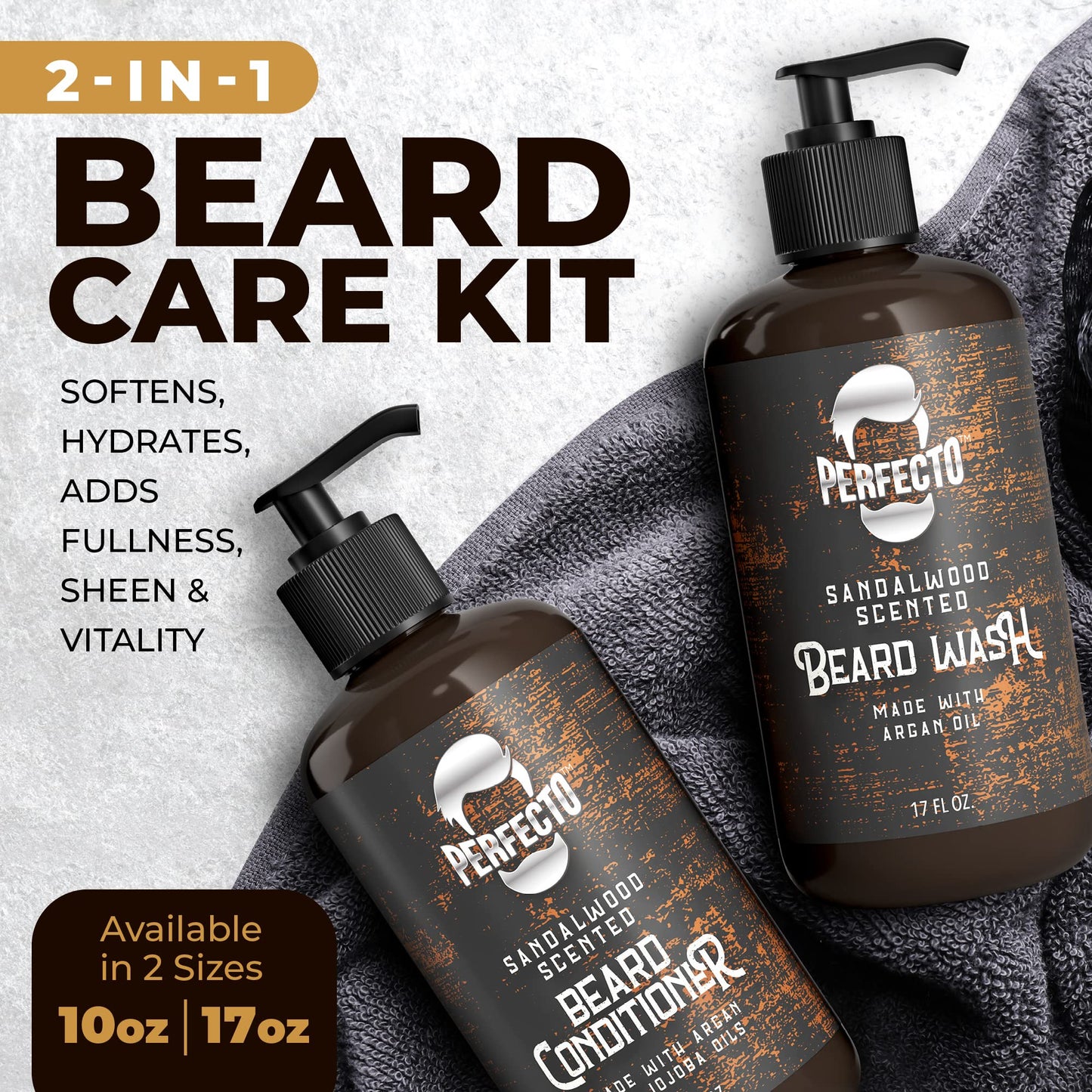 Perfecto Beard Wash & Beard Conditioner Set with Argan and Jojoba Oils - Strengthens and Softens - Natural Sandalwood Scent