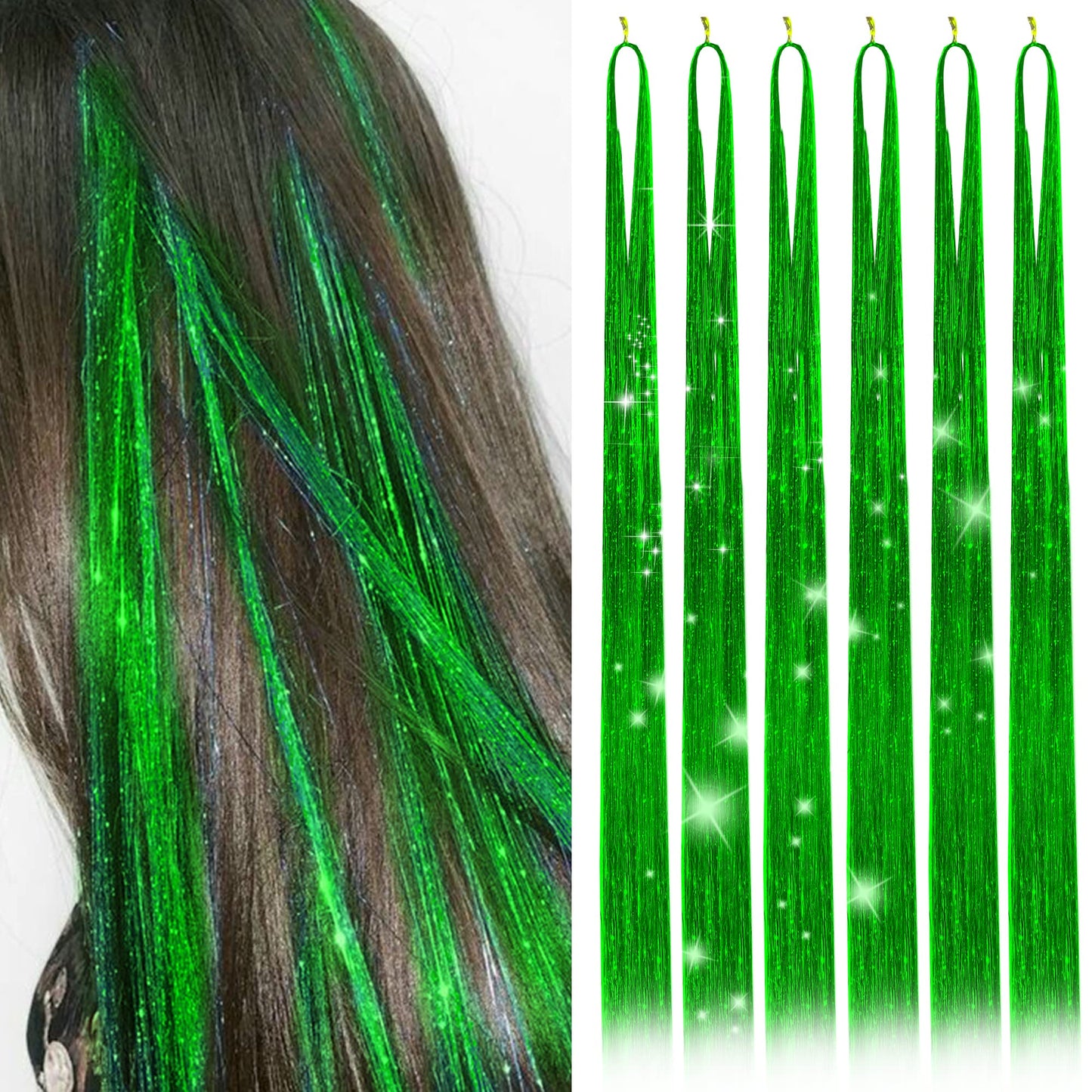 Hair Tinsel Kit with 47INCH 1200 Strands Heat Resistant Glitter Tinsel Hair Extension, Sparkling Shinny Fairy Hair Accessories for Women Girls Kids Festival Party Dazzle (Brilliant green)