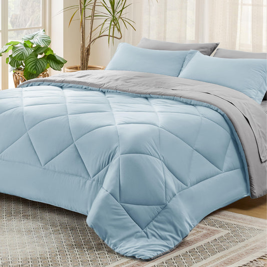 Bedsure Sky Blue Twin Size Comforter Set - 5 Pieces Reversible Twin Bed in a Bag, Extra Long Twin Bed Set with Comforters, Sheets, Pillowcase & Sham, Twin Bedding Sets for College