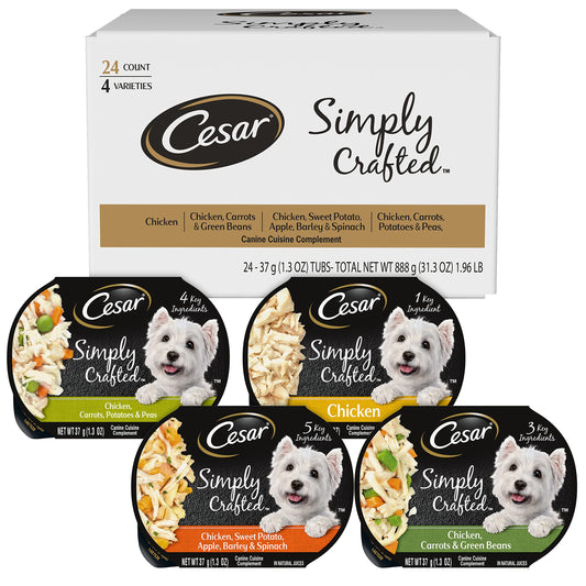 CESAR SIMPLY CRAFTED Adult Soft Wet Dog Food Cuisine Complement Variety Pack, (24) 1.3 oz Tubs