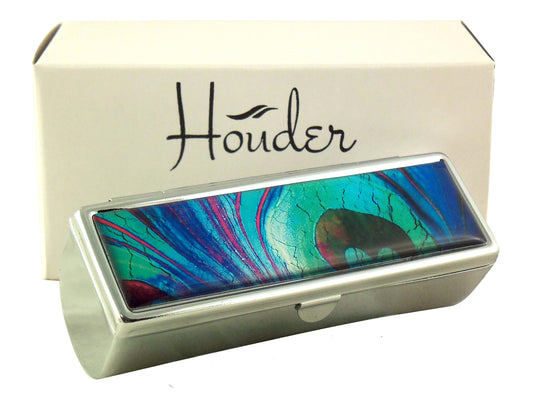 Houder Designer Lipstick Case with Mirror for Purse - Decorative Lipstick Holder with Gift Box - Velvet Lined - Protect Your Lipsticks in Style (Peacock Feather)