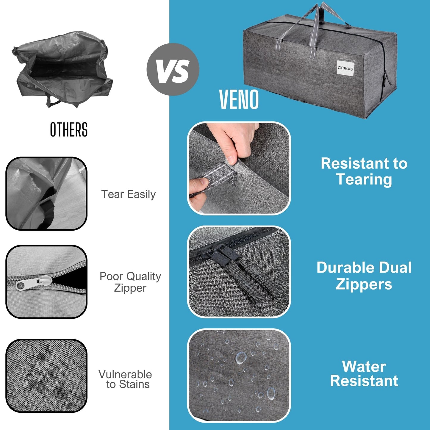 VENO 2 Pack Moving Bags w/Backpack Straps, Moving Boxes & Storage Bins Alternative, Packing Supplies, Camping Accessories Totes for Storage, Dorm Room Essentials Storage Bags (Gray, 2 Pack)