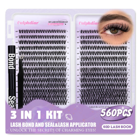 DIY Lash Extension Kit 560pcs D Curl Lash Clusters 40D Eyelash Extension Kit 8-16mm Individual Lashes Wispy Eyelash Clusters with Lash Bond and Seal and Lash Tweezers by Calphdiar