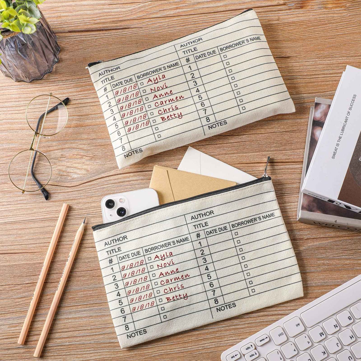 Yinder 12 Pcs Librarian Gifts for Book Lovers Thank You Library Card Pouch Bulk Teacher Librarian Appreciation Gifts for School Library Zipper Pouch Date Stamp(Classic Style)