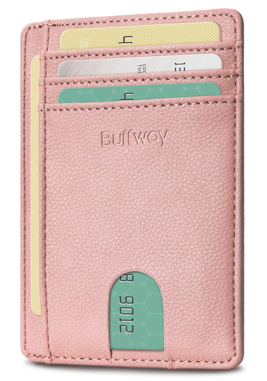 Buffway Slim Minimalist Front Pocket RFID Blocking Leather Wallets for Men and Women - Lichee Pink