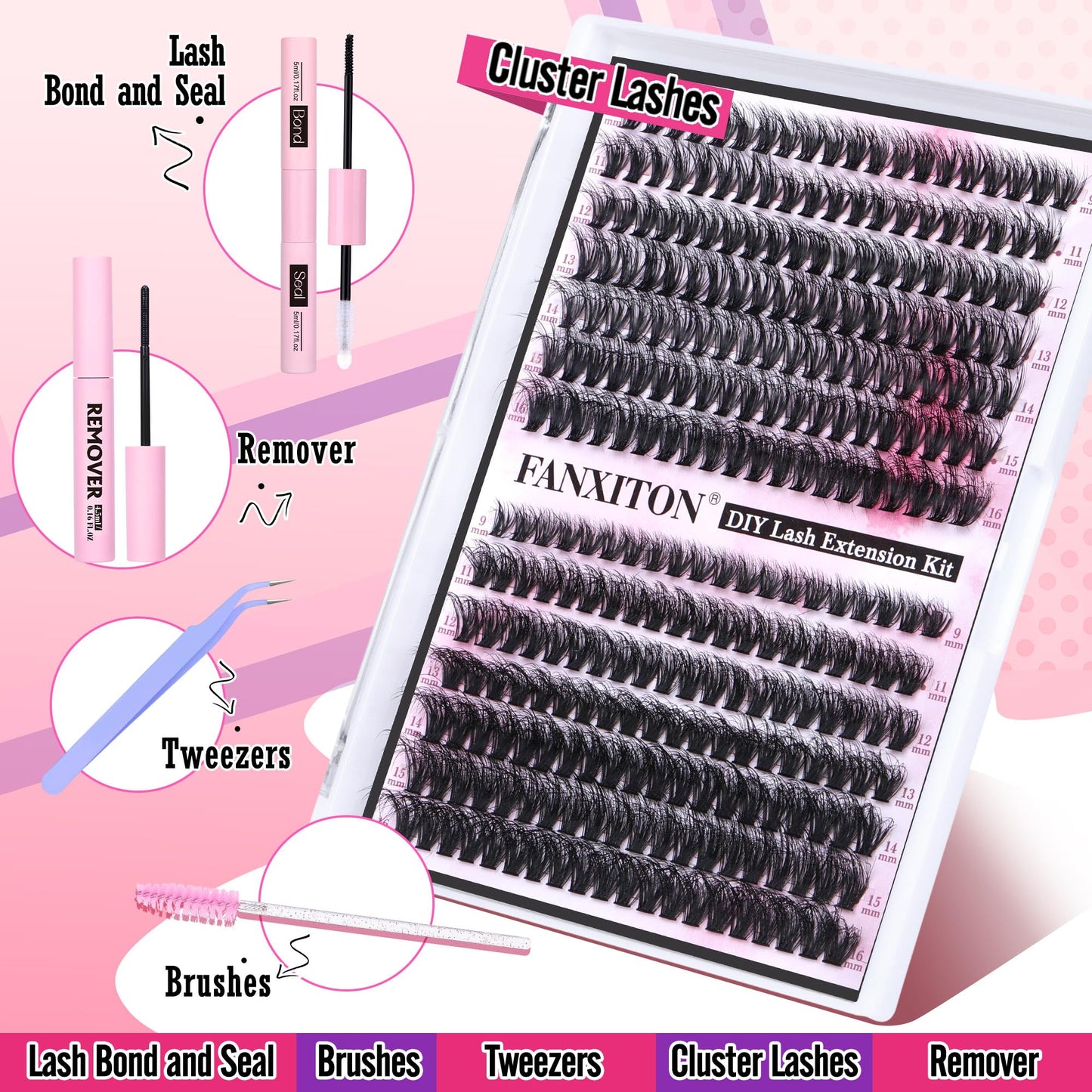 DIY Lash Extension Kit Fluffy 40D+50D Volume Lash Clusters Kit with Lash Bond and Seal 280 pcs Thick Individual Lashes 9-16 mm D Curl Mink Lashes Cluster, Lash Cluster Remover and Tweezers by FANXITON