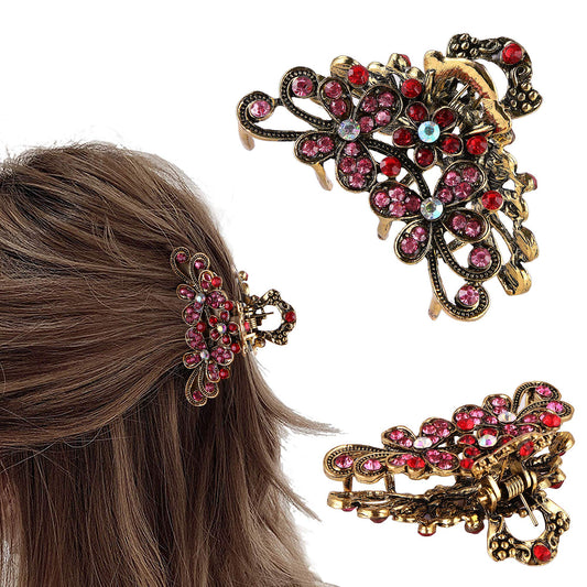 CROWN GUIDE Vintage Rhinestone Hair Claw Crystal Jaw Clips,Metal Alloy Fancy Hair Barrette Decorative Flowers Hair Clasps Accessories for Women Thick Hair Red