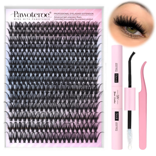 Pawotence Lash Extension Kit DIY 12-18mm Individual Lash Clusters Kit 40D Curl 280pcs Cluster Eyelash Extension Kit with Lash Bond and Seal Lash Tweezers for Self Application (LONG-40D-12-18MIX KIT)