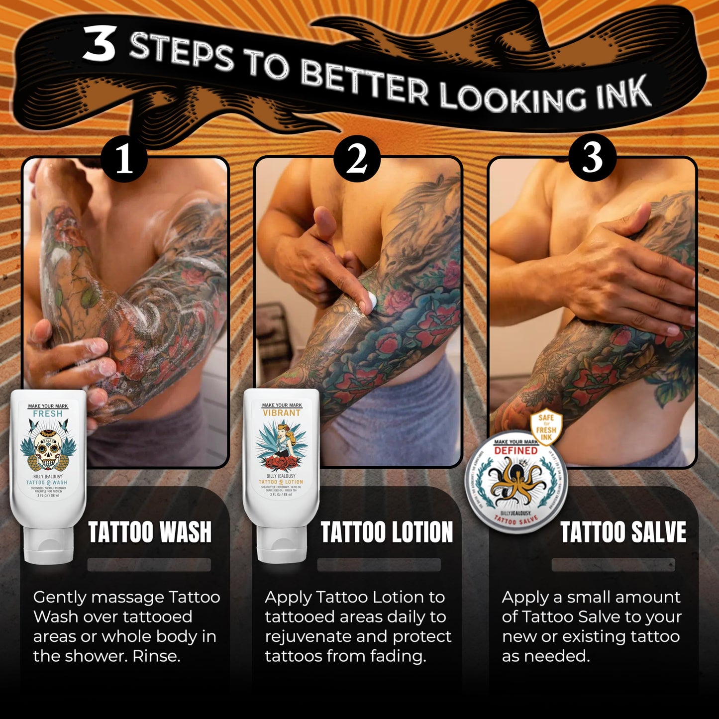 Billy Jealousy Marked IV Life Complete Tattoo Care Kit, Includes Tattoo Defining Aftercare Salve, Brightening Tattoo Wash and Moisturizing Tattoo Lotion, Travel Friendly Size