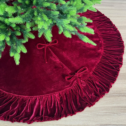 72-Inch Ruffled Velvet Christmas Tree Skirt, Thick Foam-Lined Heavy Duty Fabric with Plush Lace Ties, Wine Red