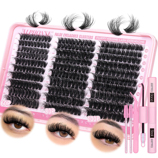 Fluffy Lash Clusters Kit 300pcs DIY Lash Extension Kit 60D+80D+100D Individual Lashes D Curl 10-18mm Cluster Eyelash Extensions Kit with Lash Bond and Seal and Tweezers by ALPHONSE