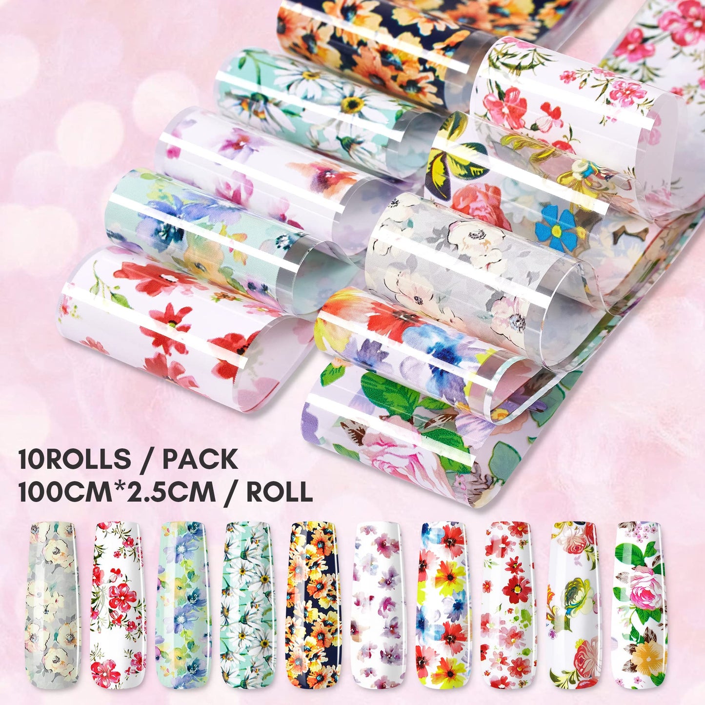 Makartt Nail Foil Nail Art Stickers 10 Rolls Nail Foil Transfer Sheets Nail Foil Adhesive Nail Decals Nail Art Supplies for Women DIY Nail Design Decoration Spring- 2.5x100cm (Mix Blossom Flowers ）