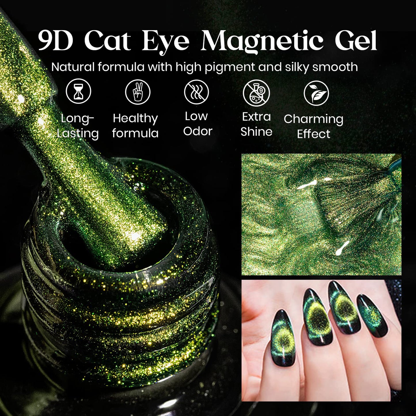 MIZHSE 9D Cat Eye Gel Nail Polish 10ml, Christmas Holographic Galaxy Cateye Magnetic Nail Polish Gel, Magic Chameleon Manicure Set(Green)