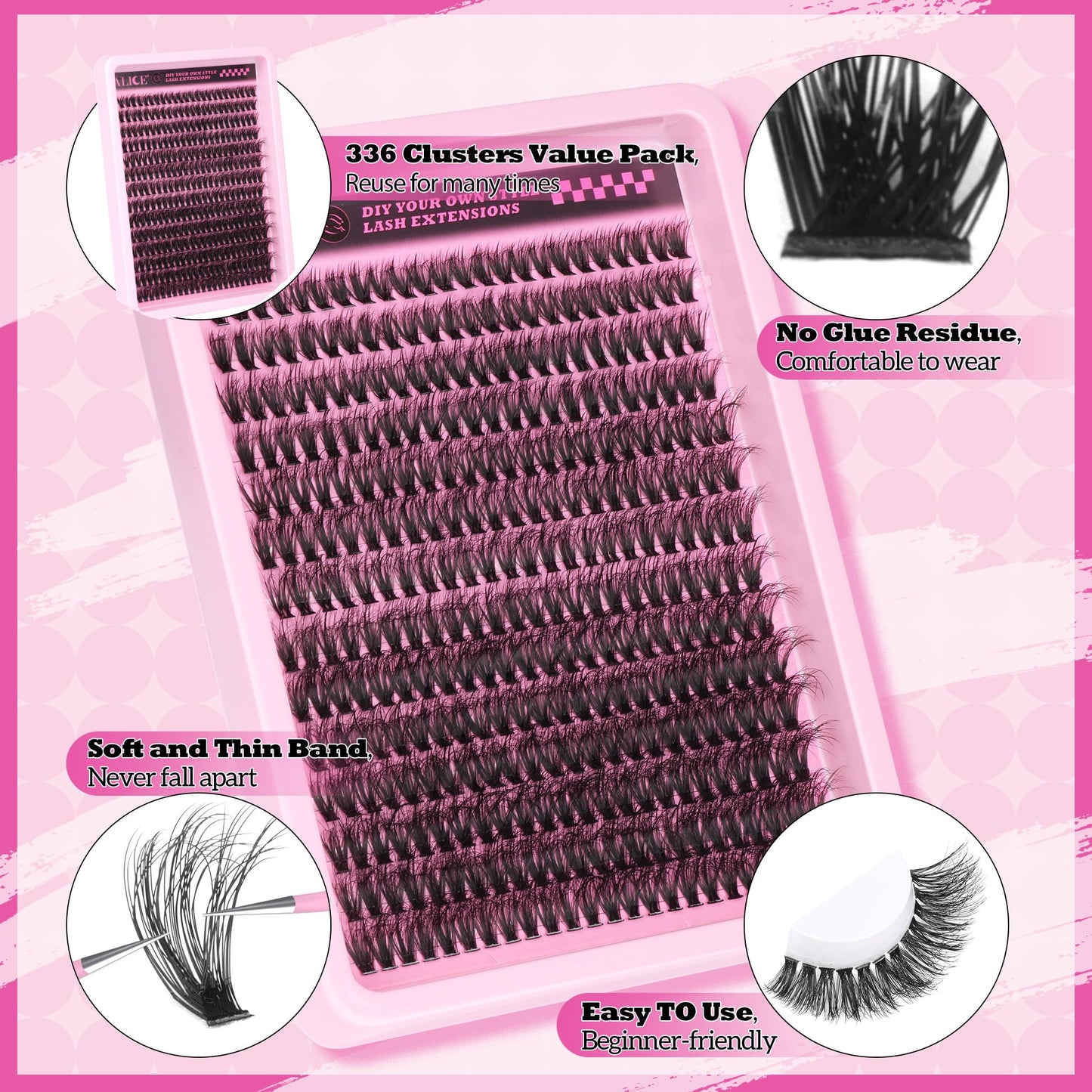 ALICE 336pcs Lash Clusters Fluffy Thick 60D Cluster Eyelash Extensions DIY Lash Extensions Wispy Faux Mink Individual Lashes Mix 10-18mm Long Eyelash Clusters