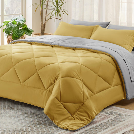 Bedsure Mustard Yellow Twin Comforter Set - 5 Pieces Reversible Twin Bed in a Bag for College, Extra Long Twin Bed Set Mustard Yellow and Grey with Comforters, Sheets, Pillowcase & Sham