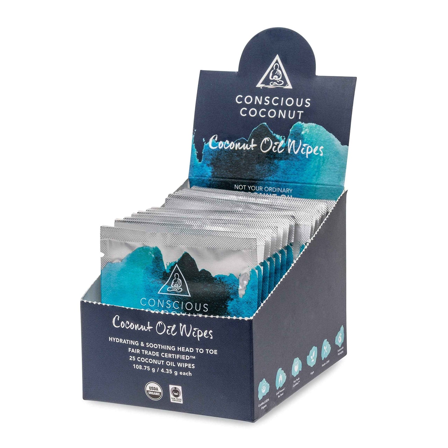 Conscious Coconut Individual Coconut Oil Wipes - For Face and Body - Soothing, Moisturizing, Sunburns, Makeup Remover, Cold-Pressed, Virgin Coconut Oil (25 Count)