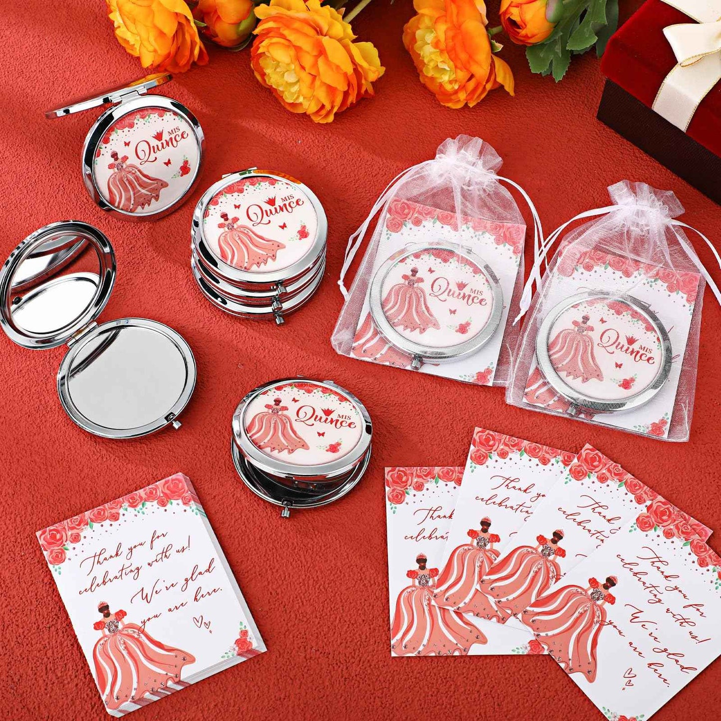 Menkxi 24 Sets Quinceanera Party Favors for Guests Mis Quince Compact Pocket Mirrors and Quinceanera Cards with Organza Bags for 15 Years Sweet Mis Quince Birthday Party Favor (Red)