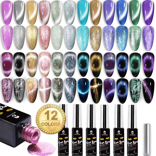 Clara Colors Cat Eye Gel Nail Polish Set - 12 Holographic Glitter Colors With Magnet, Romantic Galaxy Series, Long Lasting Soak Off UV LED