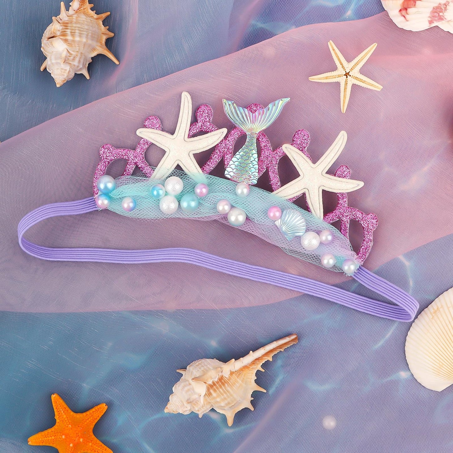 GAFATORY Purple Baby Elastic Headband with Pearl Seashell Starfish Headbands with Veil Fishtails Soft Headwrap Newborn Hair Band Children Hair Accessories