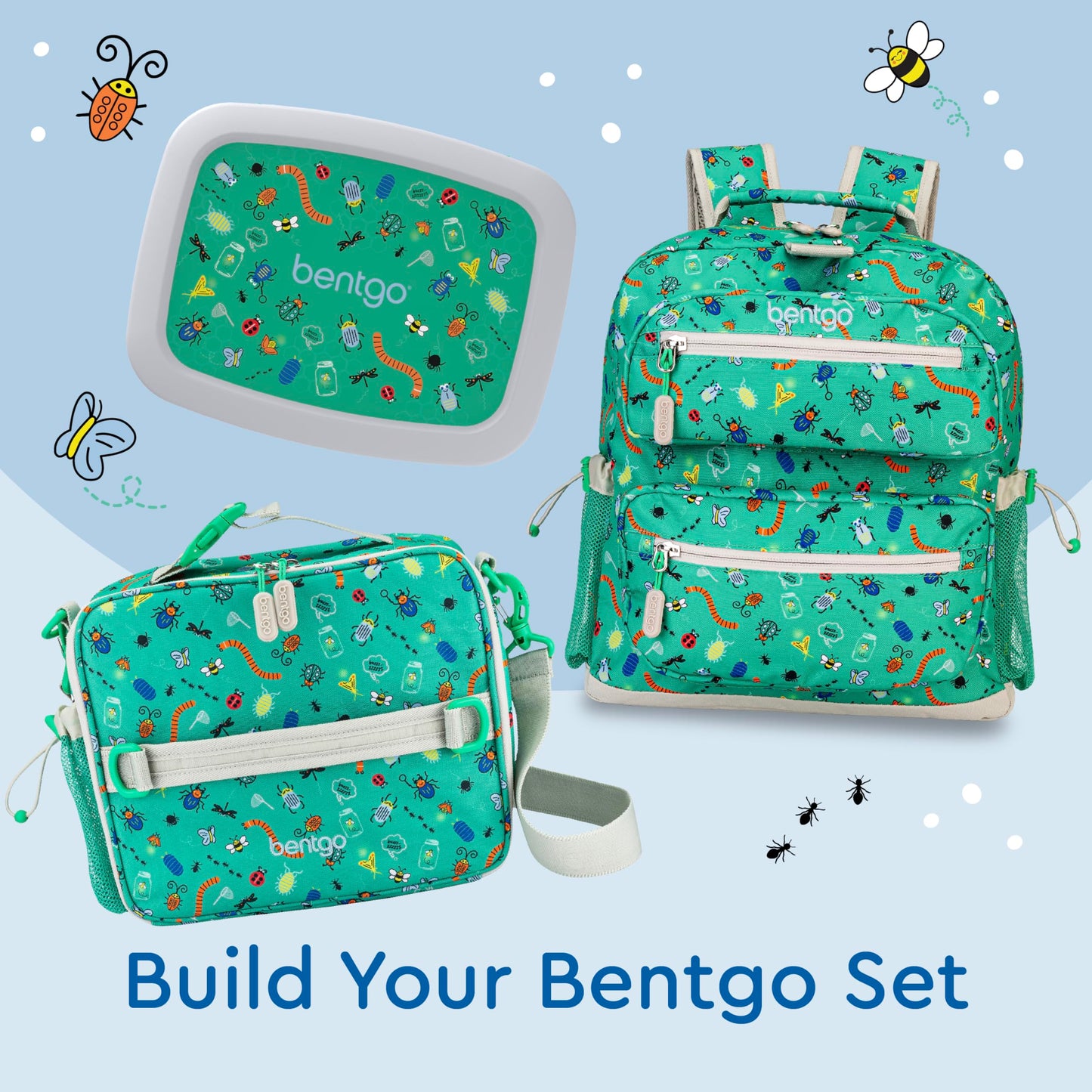 Bentgo Kids Lunch Bag - Durable, Double-Insulated Lunch Bag for Kids 3+; Holds Lunch Box, Water Bottle, & Snacks; Easy-Clean Water-Resistant Fabric & Multiple Zippered Pockets (Bug Buddies)