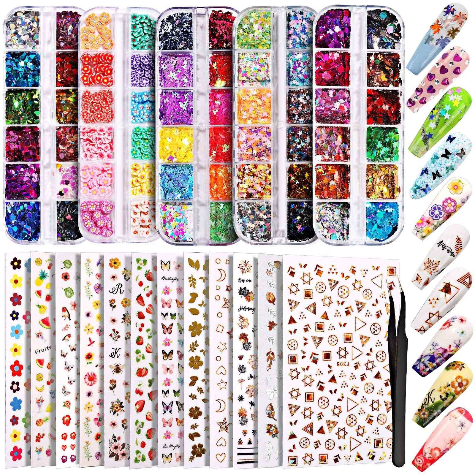 Coffin Nail Tips, Teenitor Nail Art Kit with Nail Art Stickers Holographic Nail Art Sequins Glitter Press On Nails DIY Fake Nails