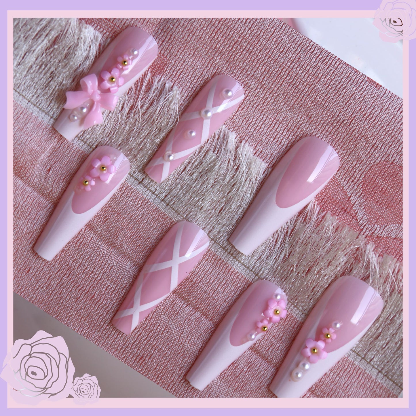 Pink Press on Nails Kit Floral Pearl French Tip Nails Press Ons Medium Long Charms Gems Fake Nails Artificial Coffin Gel Like Glossy 3D Flower Bowknot Net False Nail Manicure for Women and Girls-24pcs