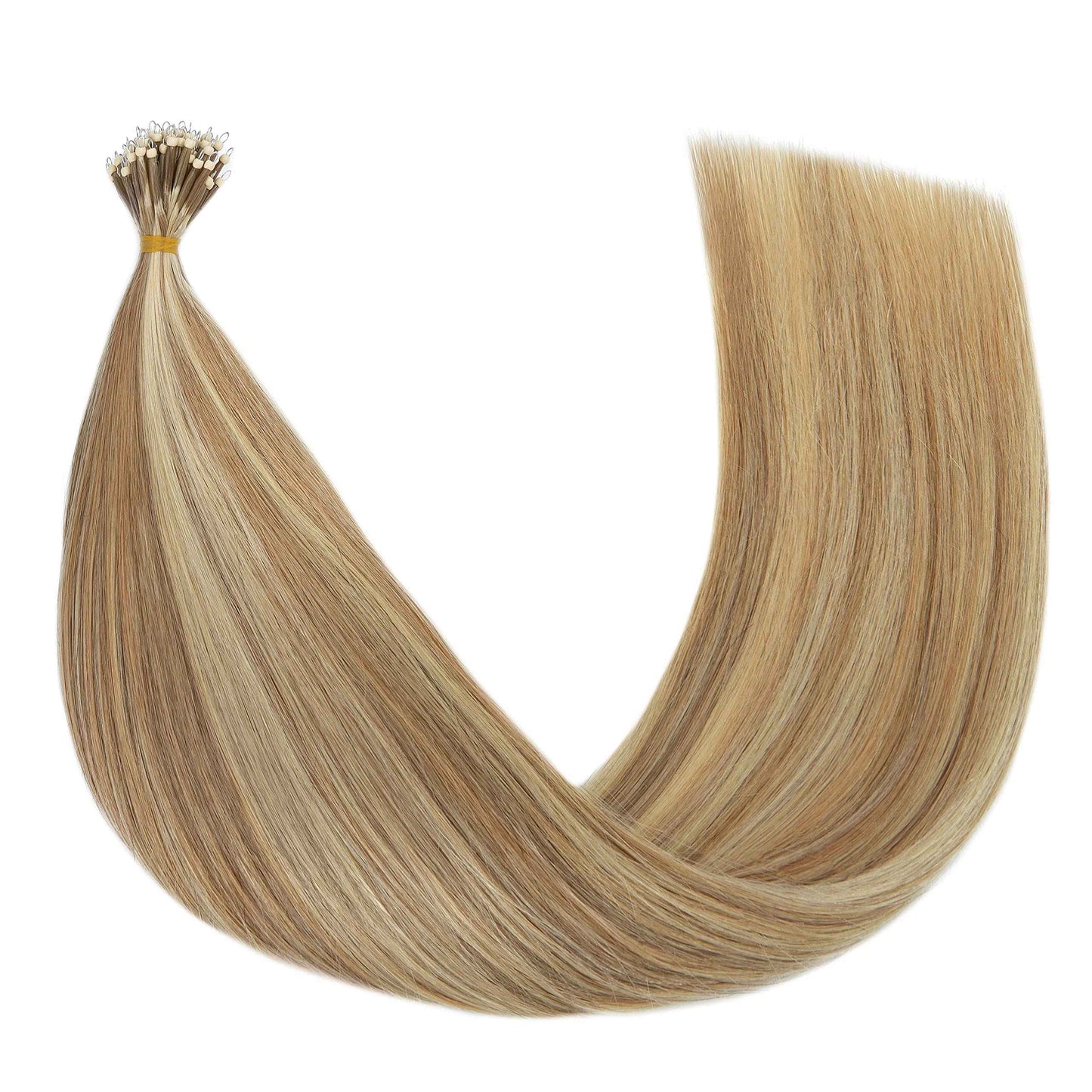 S-noilite Nano Ring Human Hair Extensions Pre Bonded Nano Bead Tip Hairpieces Balayage Highlighted Cold Fusion Micro Link Loop Remy Hair 50g 50 Strands For Women 18" #12/613 Golden Brown/Bleach Blonde