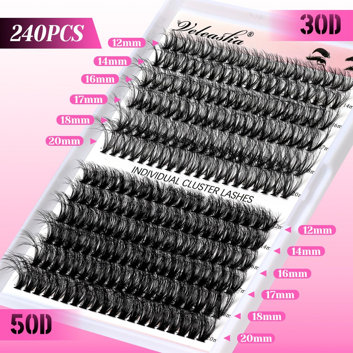 Veleasha Lash Clusters 240PCS Individual Lashes 30D+50D-9-16MIX Eyelash Clusters D Curl Clusters Lashes Fluffy Cluster Eyelash Extensions False Eyelashes DIY Eyelash Extension at Home(30D+50D,12-20mm)